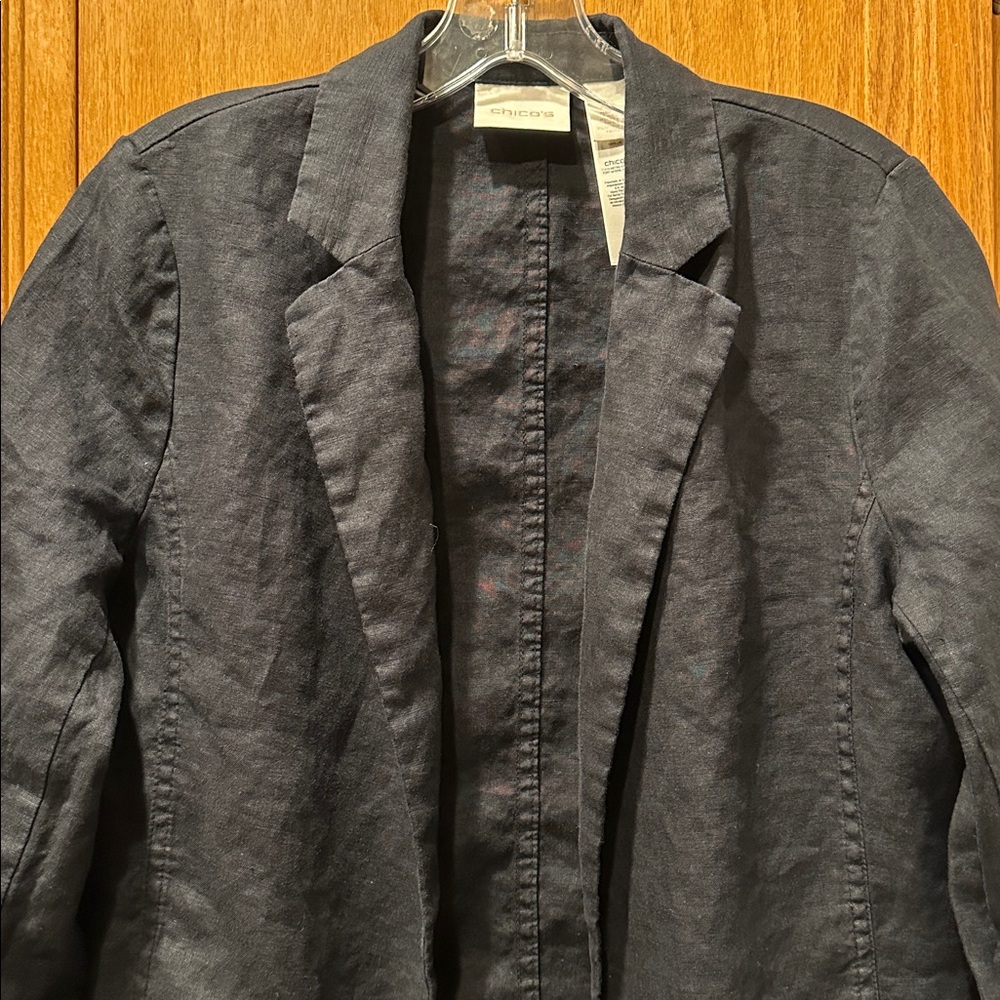 Chico's 100% Linen Open Front Summer Blazer in Black Chico Size 0 (Women's S) - Picture 3 of 8